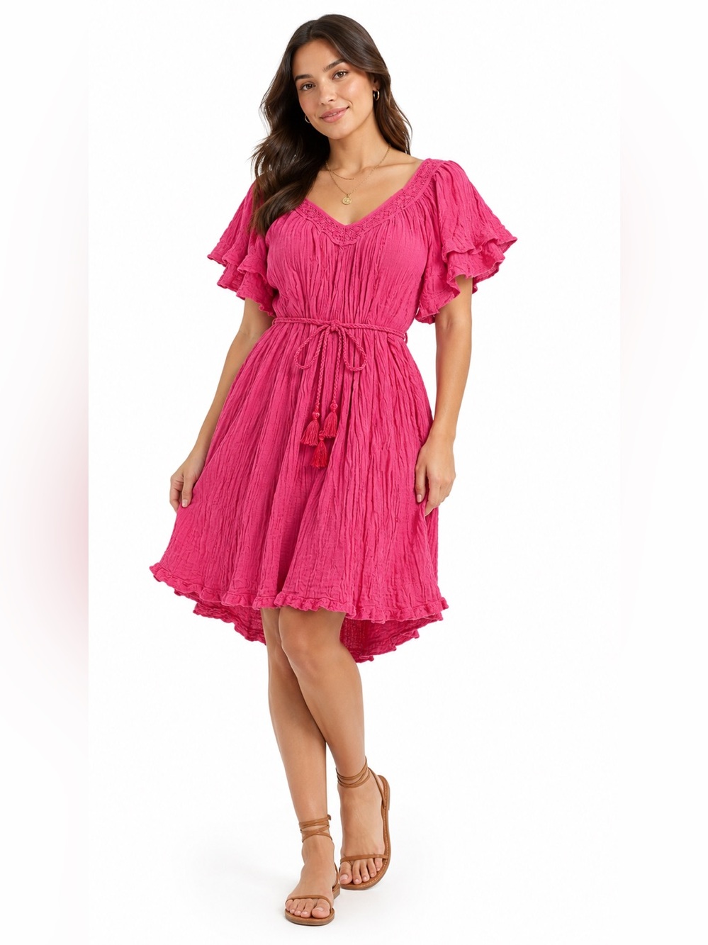 90s does 70s Greek Vintage Cotton Crinkle Midi Maxi Dress w Tie (Pink) O/S M-XL - Picture 1 of 7